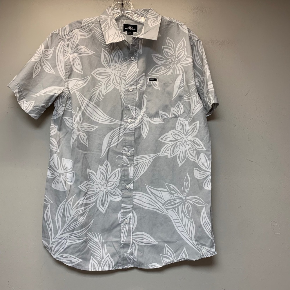 O'Neill Button Up Shirt Mens Medium Grey Excellent Tropical Floral Short Sleeve